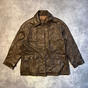 WINLIT NEW YORK Genuine Leather Jacket Women Brown Button Front Collar Pockets